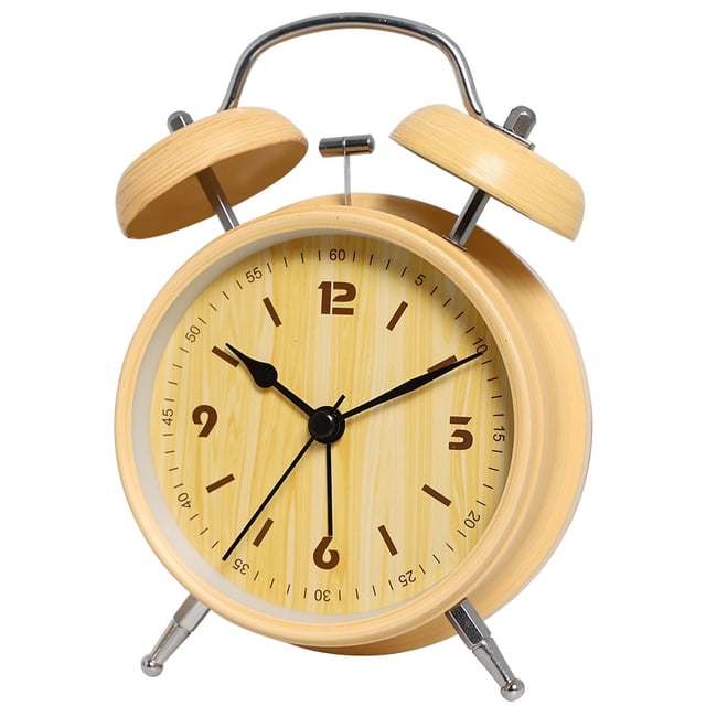 Despertador vintage con doble campana, diseño de grano de madera y metal