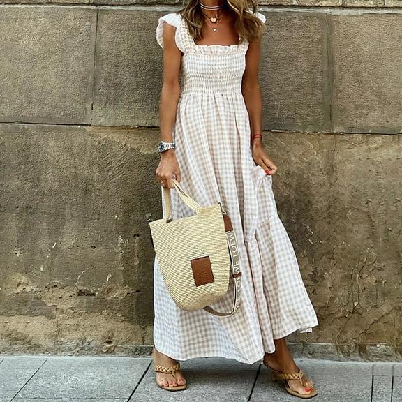 MORTTIC Women's Elegant Square Neck A-Line Dress - Lightweight Gingham Print, Ruffled Sleeves & Hem