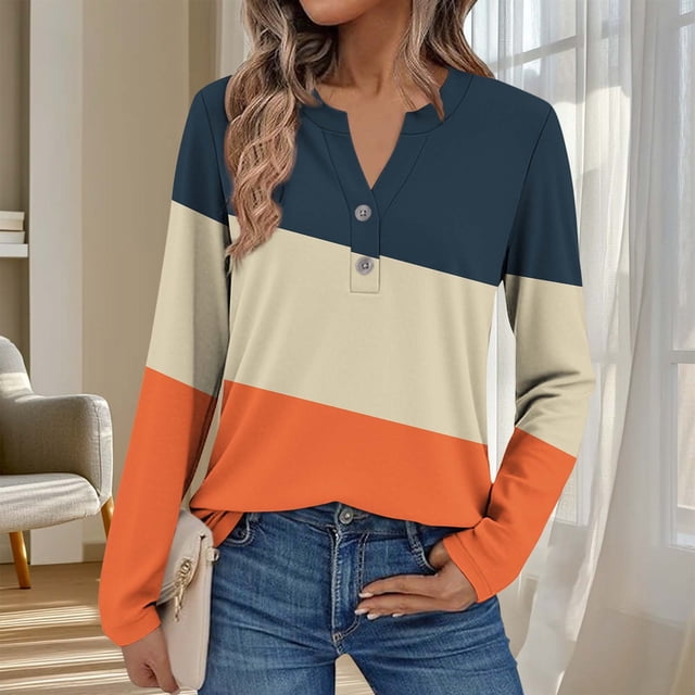 Ailaofu Womens Long Sleeve Tops Fall Button V Neck Graphic Shirts Dressy Casual Henley Tops Women Blouses