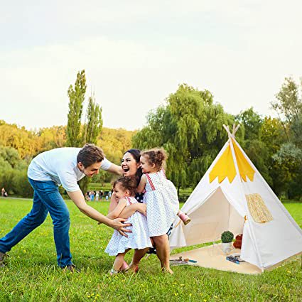 EALING BABY Kids Teepee Tent – Cotton Canvas For Indoor-Outdoor - With Tent Mat -- White Yellow