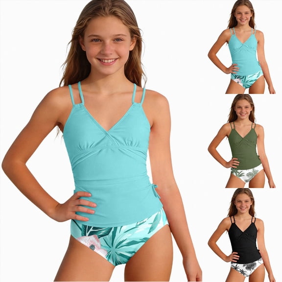 Splozh Teen Girl Tankini Swimsuits Two Piece Set, Cute Bathing Suits for Juniors Summer Beach Swimwear Blue,9-10 Years