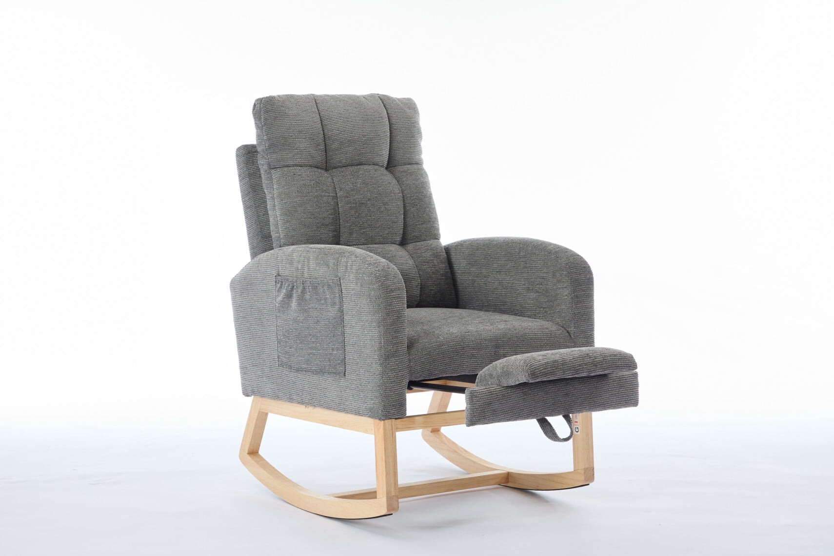 Modern Rocking Chair with Solid Wood Legs & Adjustable Footrest, High Back Ergonomic Design, Side Pocket Armchair for Living Room & Nursery Use, Parent & Baby Comfort
