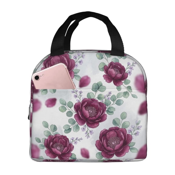 Flower Insulated Lunch Bag ,Reusable Lunch Box,Bento Lunch Box Cooler Bag With Front Pocket For Women Men,Cute Lunch Tote Bag Lunchbox For Work/Office/Travel/Picnic