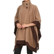 Womens Camel with Dark Brown Trim Front Button Winter Fleece Caftan Poncho Coat
