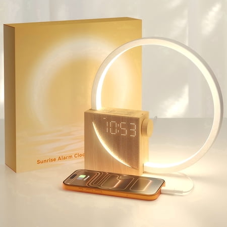 Wood Grain Sunrise Alarm Clock Gradual Wake-Up Light 10 White Noise Sounds Touch Dimmable Nightlight Dual Alarms Snooze for Heavy Sleepers Adults