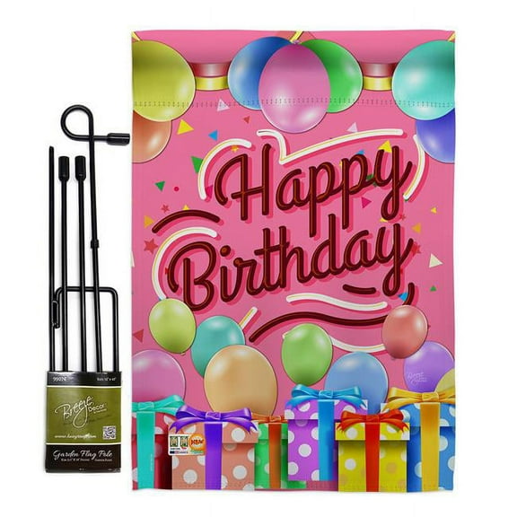 Breeze Decor BD-PC-GS-115133-IP-BO-D-US18-BD 13 x 18.5 in. Celebrate Happy Birthday Special Occasion Party & Celebration Impressions Decorative Vertical Double Sided Garden Flag Set with Banner Pole