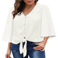 thumbnail image 4 of CHOK Women‘s Button Down V Neck Tops Ruffled 3/4 Sleeve Tie Knot Front Blouses White Sizes S-2XL, 4 of 8