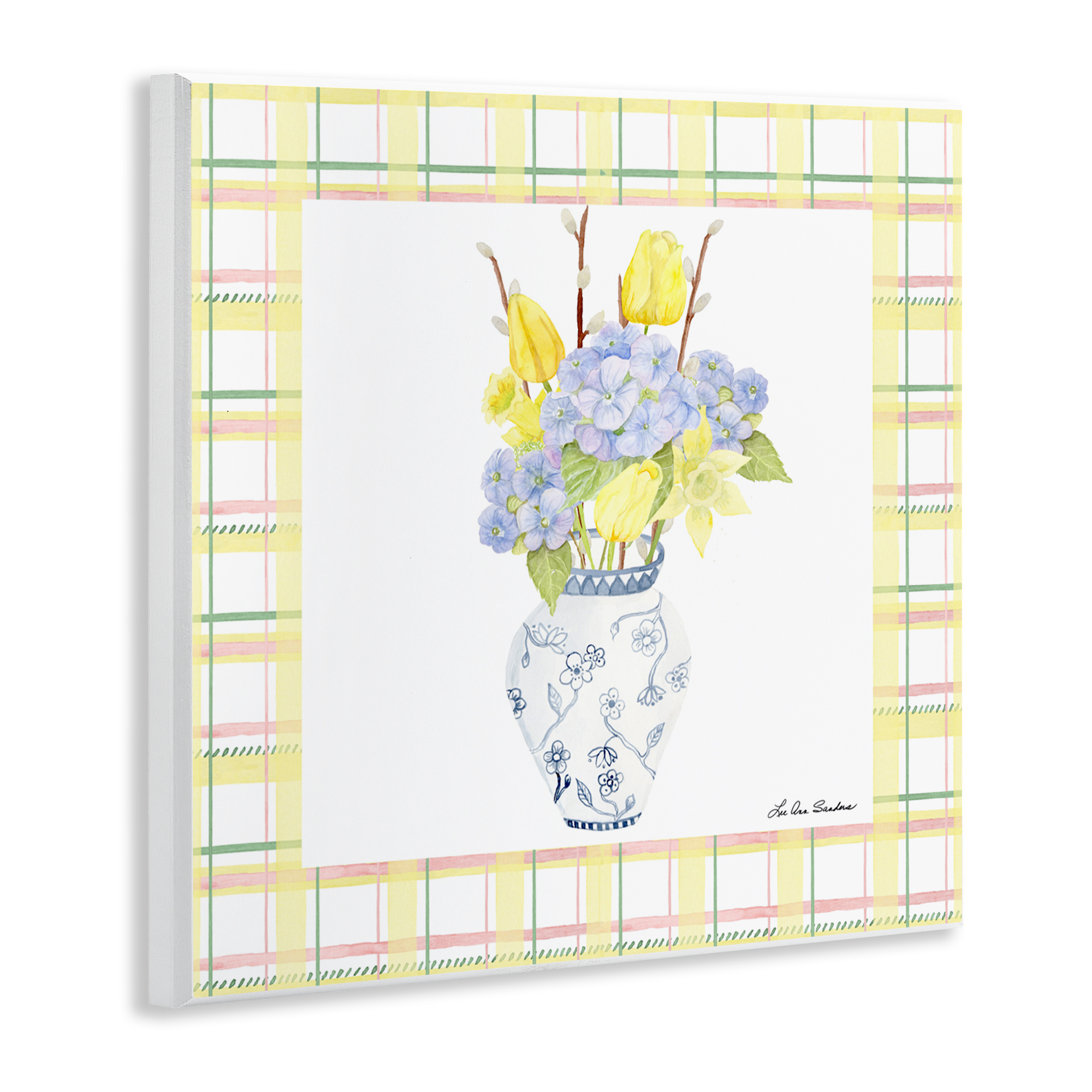 Spring Vase on Yellow Plaid Wall Plaque Art, design by Lee Ann Sanders