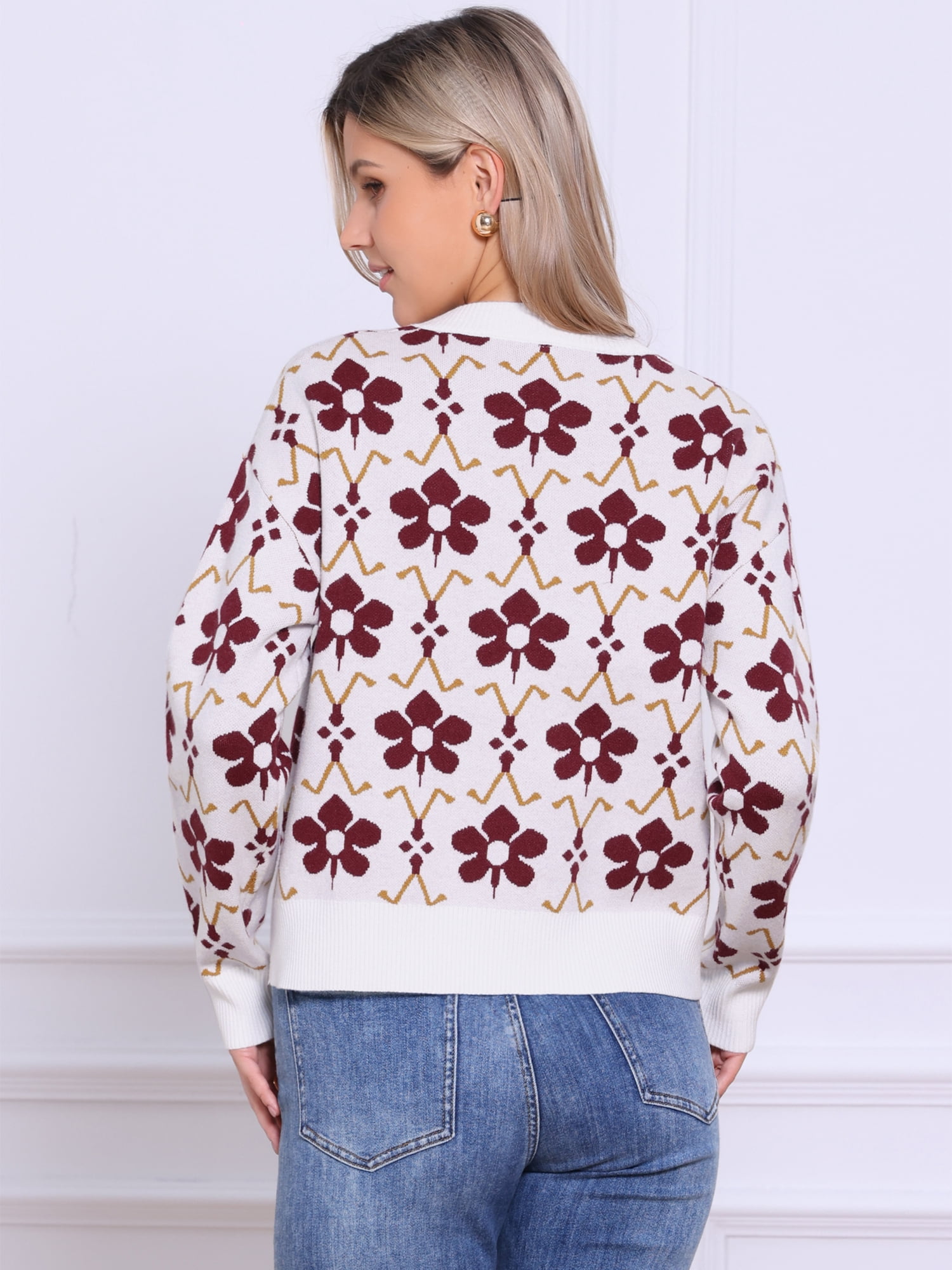 DARING DIVA Women's Floral Open Front V Neck Button Down Long Sleeve XL White