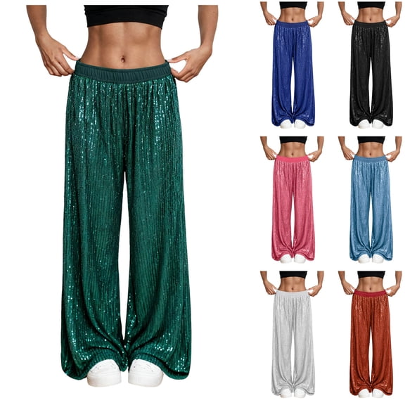 GEWSEY Women Sparkle Outfits Sequin Pants Elastic Waist Wide Leg Trousers Glitter Shiny Pants Bling Party Clubwear (Sky Blue, XL)