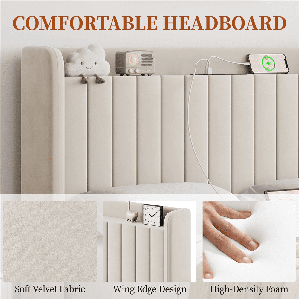 Fullfurnique Velvet Upholstered Bed Frame with Charging Outlets & USB Ports, Queen, Beige