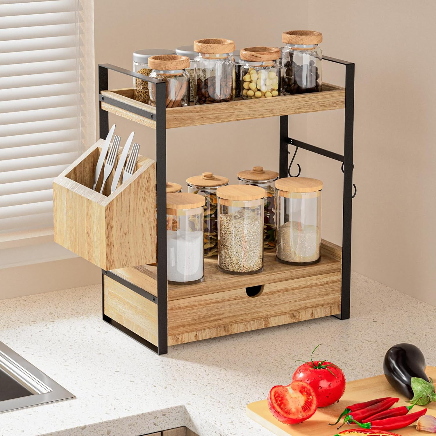 Gijjgole 2-Tier Bathroom Counter Organizer with Drawer and Basket, Wood Countertop Organizer for Storage, Skincare Organizers for Vanity, Counter Shelf for Bathroom Organization
