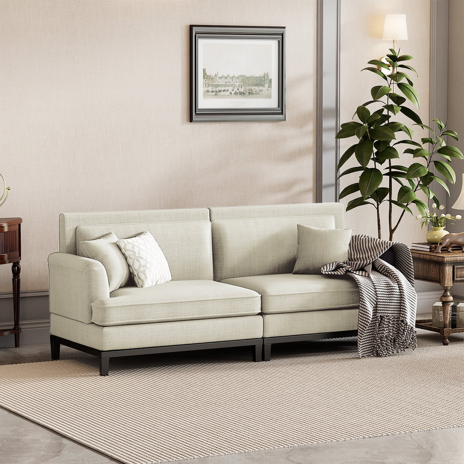 Kadyn Upholstered Loveseat Sofa, Sofa Couches with Wooden Legs and Two Throw Pillows for Living Room, Beige
