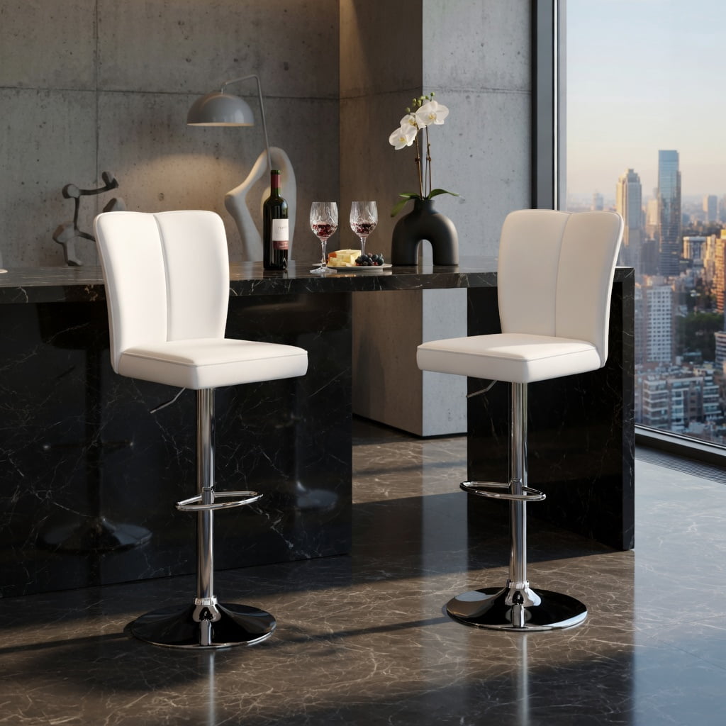 Hommoo Modern PU Leather Bar Stools Set of 2 with Adjustable Height, 360° Swivel & Trumpet Silver Metal Legs, Contemporary Kitchen, Bar & Lounge Seating, White