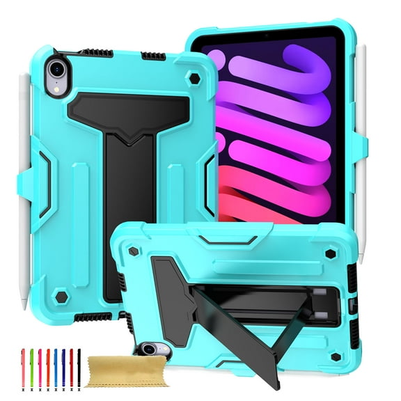 for iPad mini 6th Gen 8.3" 2021 Case with Pencil Holder & Kickstand, Shockproof Drop Proof Kids Friendly Rugged Full Body Protective Case Cover for iPad mini 6th Gen 8.3" 2021, Mint Black