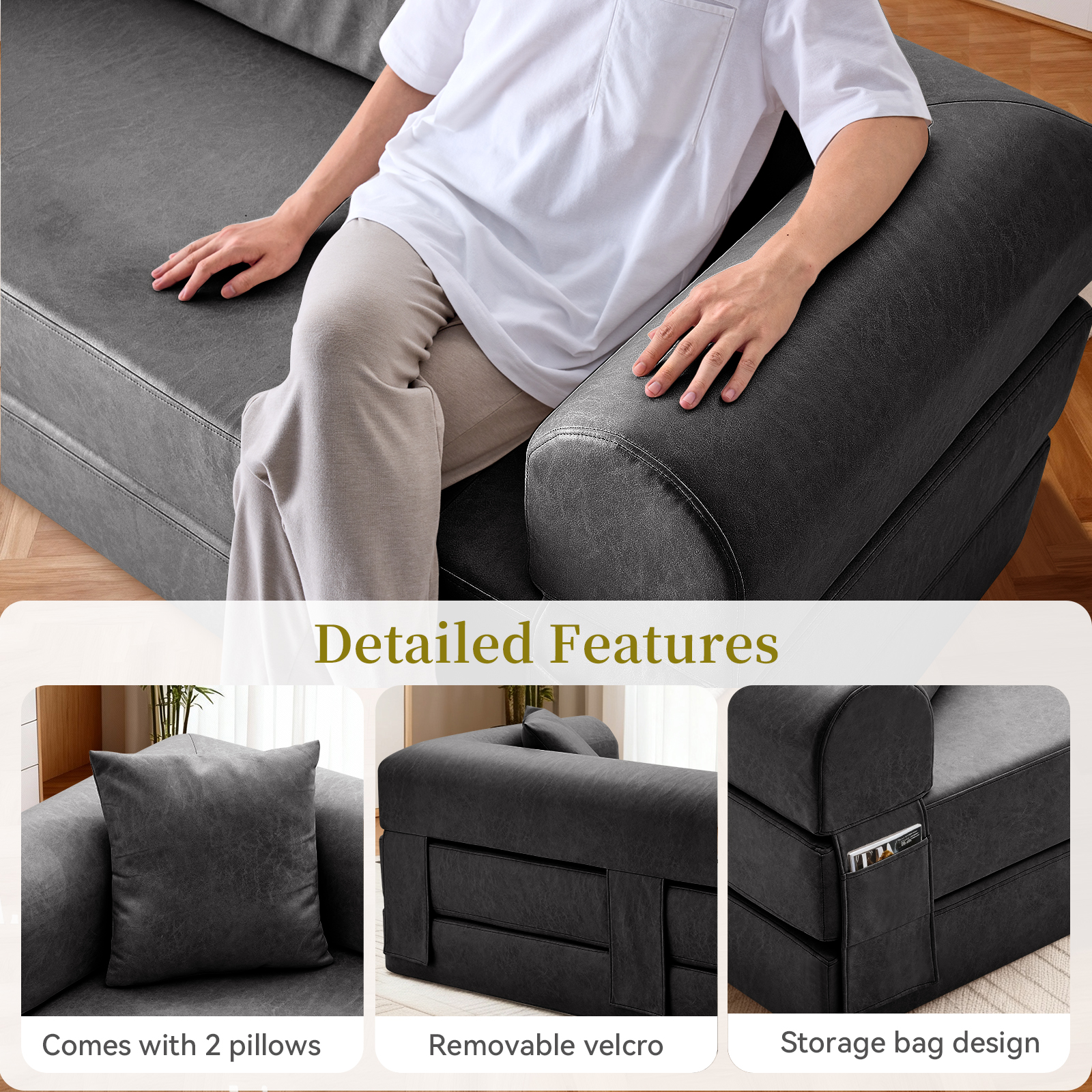 4-in-1 Folding Convertible Sofa Bed, 78 Inch Oversized Faux Leather Boneless Couch, Loveseat Sleeper with Pull Out Bed, Floor Sofa Modular Futon Teddy Sofa for Living Room Bedroom Lounge, Gray