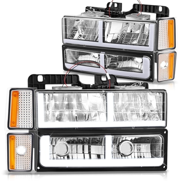 DNA Motoring F-LED Bar DRL Headlights for 1988-1993 Chevy C/K Pickup Suburban, Chrome/Amber