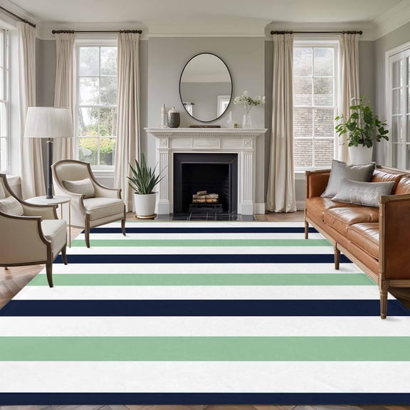 Light Green Navy Blue Striped 5'x8' Area Rug for Living Room, Farmhouse Stripe Art Washable Non-Slip Rugs for Bedroom Nursery Dining Room, StainResistant Low-Pile Kitchen Carpet Large Entryway Rugs