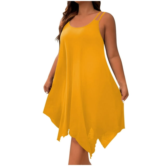 hotojiny Robes Grande Taille pour Femmes Rondes Décontractées Ourlet Mouchoir Sans Manches Tunique Fluide Hauts d'Été Col Rond Débardeurs de Plage