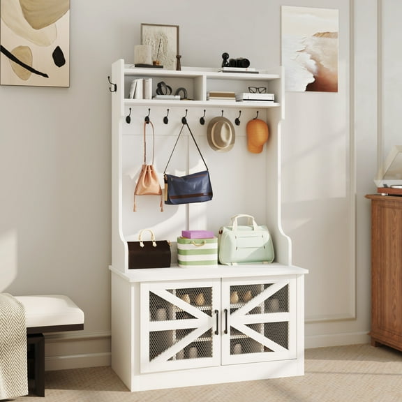 Uforic Entryway Farmhouse 4-in-1 Coat Rack  with Storage Bench & 10 Hooks, Shoe Cabinet for Hallway, Living Room, White