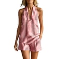 thumbnail image 2 of Casual Summer Outfits 2 Piece Matching Clothing Set Women's Striped V Neck Two-Piece Set Outfit Sleeveless Top And Stretch Waist Shorts Set Summer Vacation Set. Red S, 2 of 9