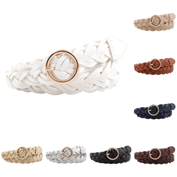 Wxolcjlv Women's Braided Leather Belt Round Metal Buckle Waist Strap Accessory