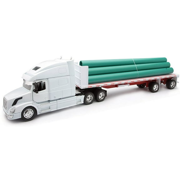 Volvo VN-780 with Flatbed Trailer Hauling Long Pipes, White - New Ray 14223B - 1/32 scale Model Replica