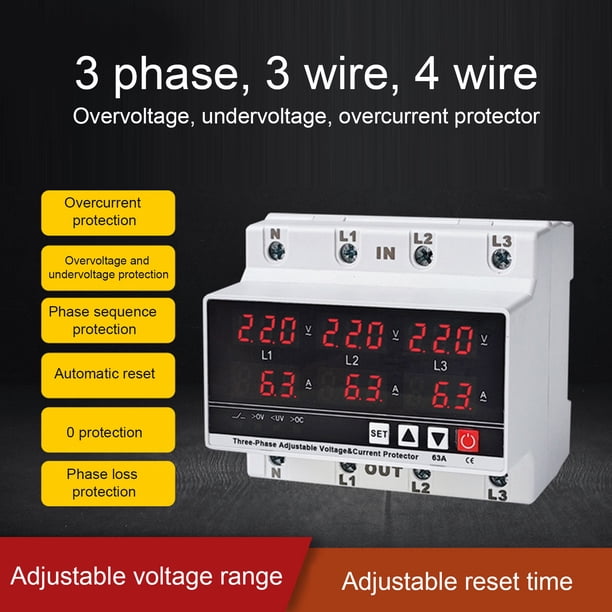 3-Phase Undervoltage Protector – DIN Rail Voltage Monitoring Relay With Adjustable Overcurrent (1-63A), AC120-300V, Over/Under Voltage & Phase Failure Protection