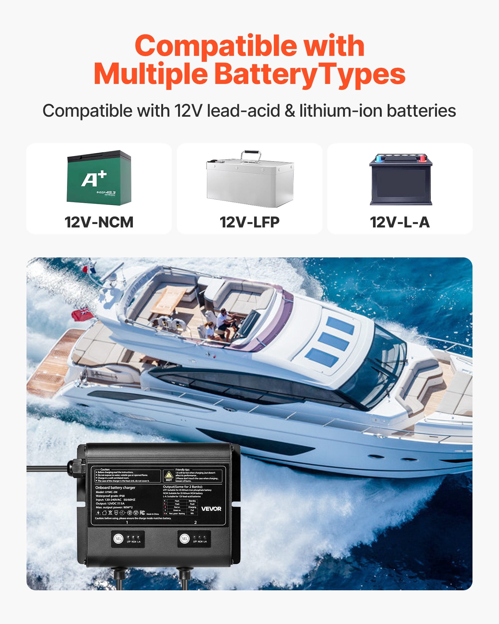 VEVOR Marine Battery Charger, 2-Bank, 5A 12V Onboard Boat Charger, IP68 Waterproof Smart On-Board Battery Charger, for Lithium-Ion (LiFePO4), NCM, Lead-Acid Batteries, Large Boat, Yacht,RV,Trailer