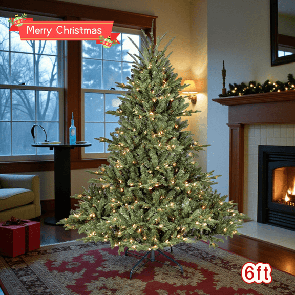 Tcbosik 6ft Prelit Artificial Christmas Tree with 500 UL Lights, Full-Shape Xmas Tree with 1763 Branch Tips & Metal Stand for Indoor Holiday Decor, Green