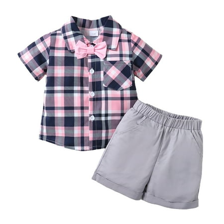 

Kucnuzki 2T Toddler Boy Summer Outfits Shorts Sets 3T Short Sleeve Gentle Stylish Checked Pattern Prints Lapel Shirt Tops Elastic Shorts 2PCS Set Pink
