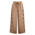 thumbnail image 4 of Zynoxe Womens Cotton Linen Boho Pants Summer Floral Cutout Elastic Waisted Wide Leg Pants Loose Straight Ventilate Vacation Beach Pants Khaki L, 4 of 7