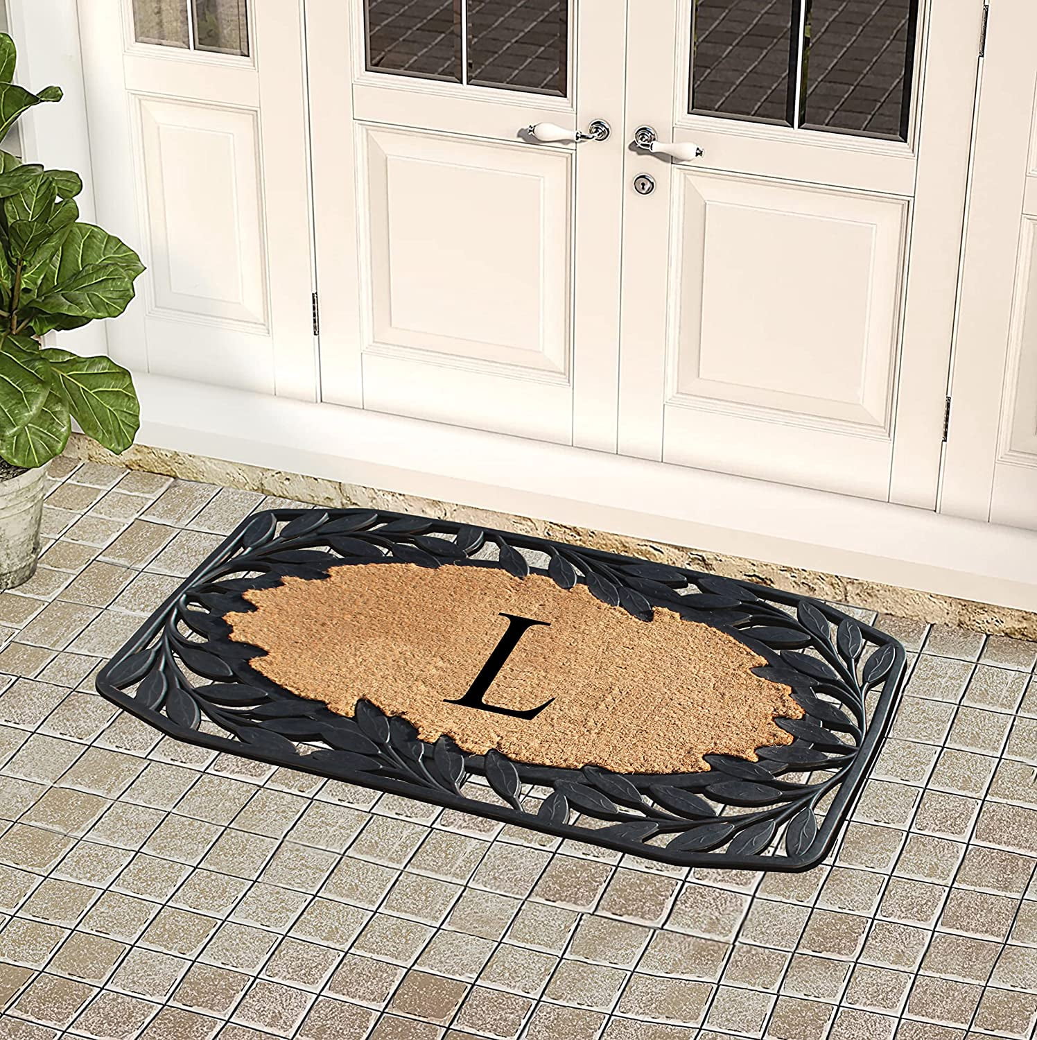 A1 Home Collections Floral Black, Beige, Multi-color Rubber and Coir Doormat for Outdoor Entrance Non Slip Backing Front Door Mat, 23" x 38"