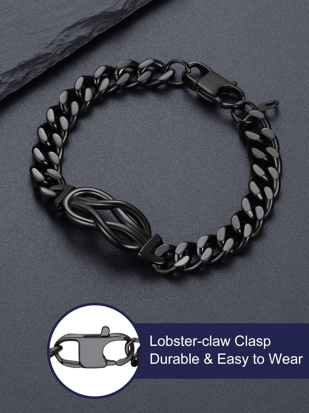 Bandmax 9'' Black Cuban Chain Bracelet for Men Women Stainless Steel Infinity Knot Bracelet Link Chain Gift with Love Message Card Gift Father's Day Birthday for Your Love