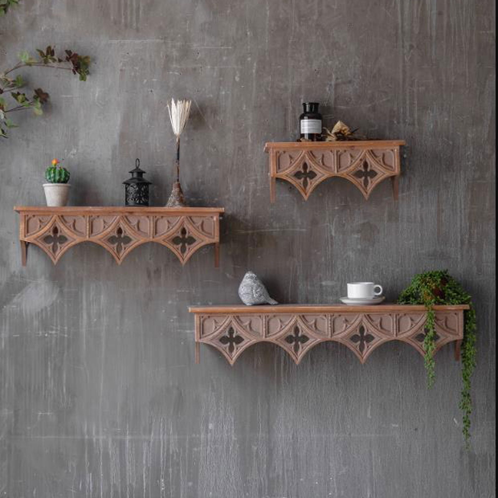 Retro Solid Wood Wall Shelves, Wall-Mounted Floating Shelves for Decorations, Vintage-Style, for Living Room, Bedroom, Office, Decorative Wall Display Shelf