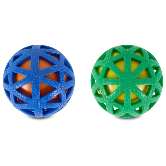 Wham-O Geo Bounce Squeaky Dog Ball Toy, 2-Pack, Durable Rubber Cage with Squeaky Core, Medium 3-Inch Balls, Blue & Green