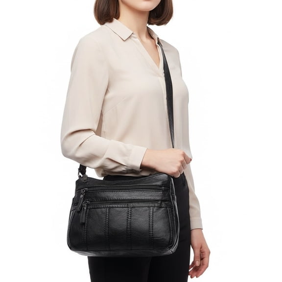 Crossbody Bags for Women Soft PU Leather Vintage Shoulder Bag with Multiple Zipper Pockets, Lightweight Casual Purse for Travel and Work