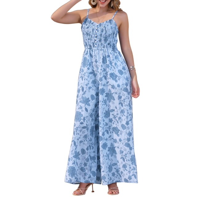 INSPIRAR CHIC Mono Casual de Verano para Mujeres Sin Mangas con Pantalones Anchos de Smock Estampados de Flores Boho Overoles XL Azul
