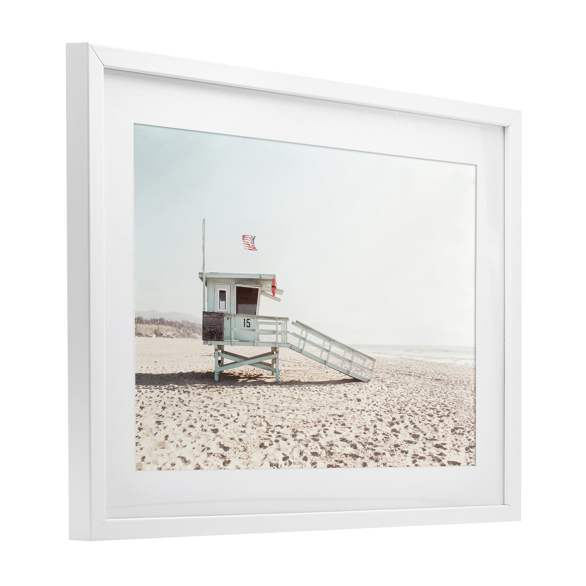 Lifeguard Hut Sunny Day White Framed Print Under Glass, design by Sisi and Seb