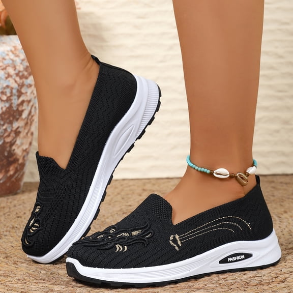 Embroidered Orthopedic Shoes for Women, Slip On Knit Loafers Breathable Mesh, Casual Sneakers Lightweight Comfortable Orthopedic Walking Shoes
