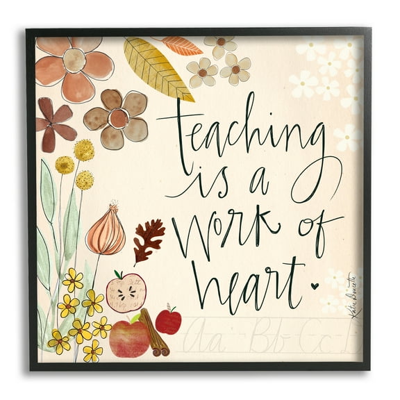 Stupell Industries Teaching Is Work Of Heart Floral Inspirational Painting Black Framed Art Print Wall Art