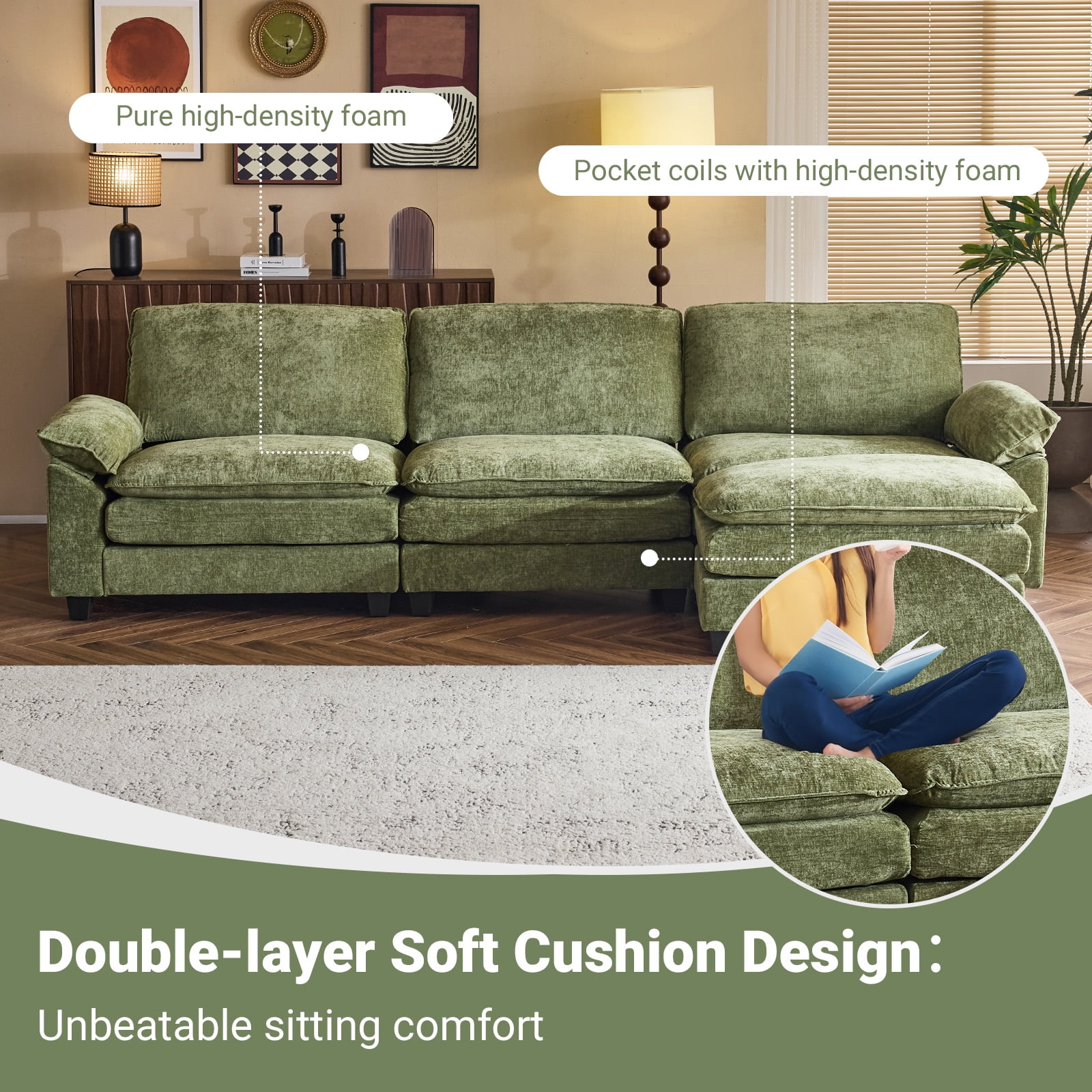 Ktaxon Sectional Sofa L Shaped Couch with Chaise Living Room Sleeper Set, 3 Seats with Chenille and Double Layer Cushions 120" W Olive Green