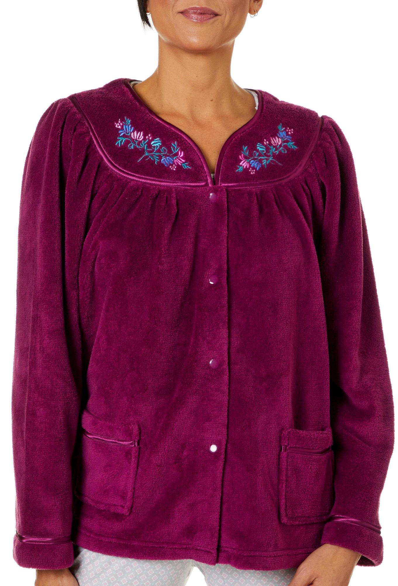 Jasmine Rose Jasmine Rose Womens Embroidered Plush Snap Jacket Robe