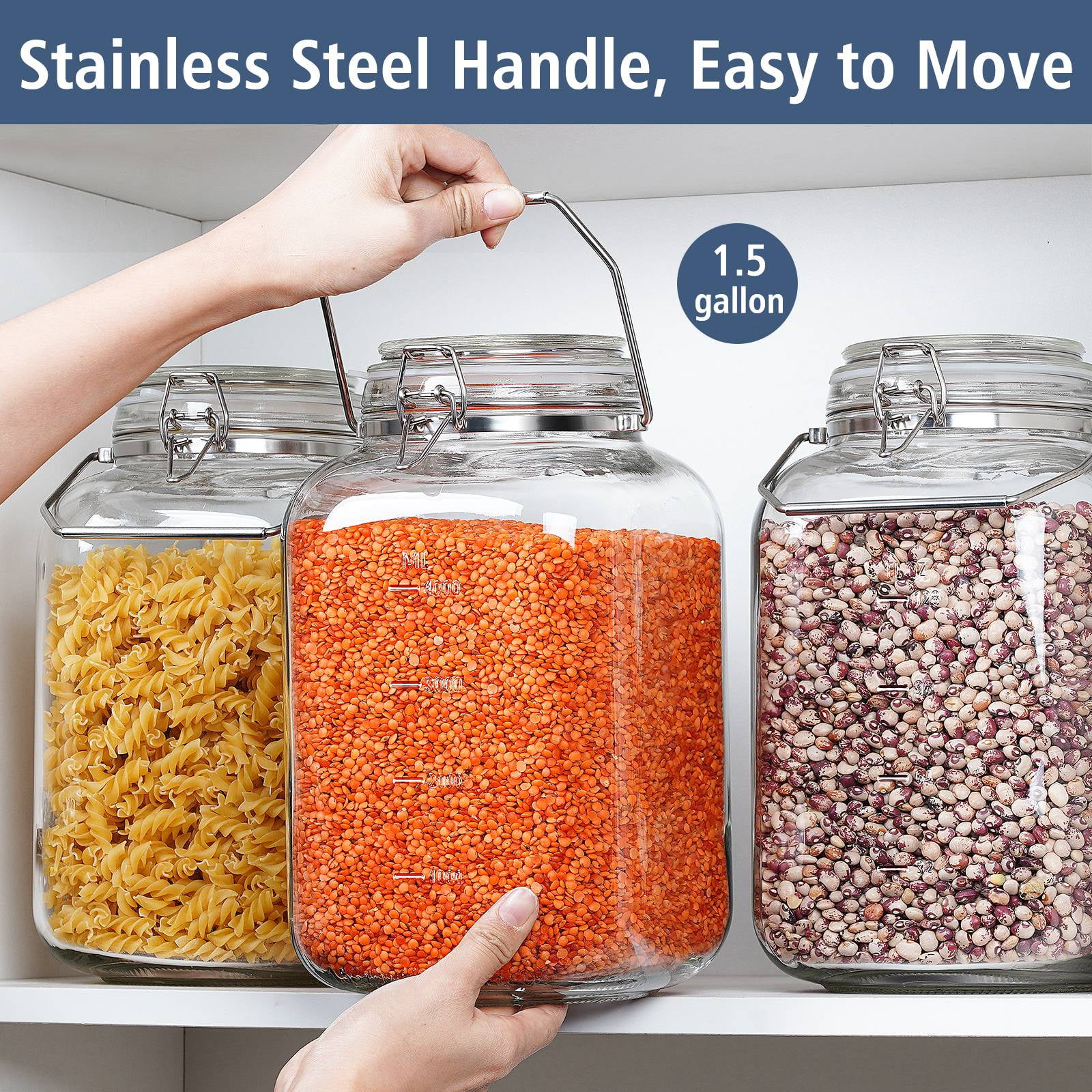 Syntic 2 Pack 1.5 Gallon Glass Jar with Airtight Lid, 192 oz Square Wide Mouth Mason Jars with Stainless Steel Handle, Large Glass Storage Containers for Canning, Flour, Sugar, Rice, Pickled Eggs
