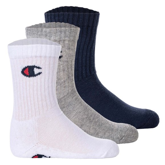 Champion Children's Socks, 3-Pack - Crew Socks, solid Colour Blue/White/Grey 27-30