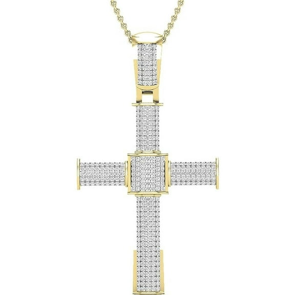 Real 925 Sterling Silver 14K Yellow Gold Plated Round Cut White Diamond Religious Cross 2" Pendant For Men