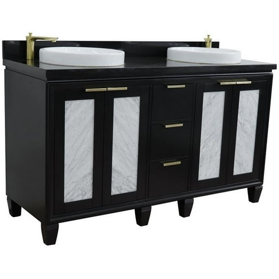 Pemberly Row 61" Double Round Sink Solid Wood Vanity in Blue/Black Galaxy
