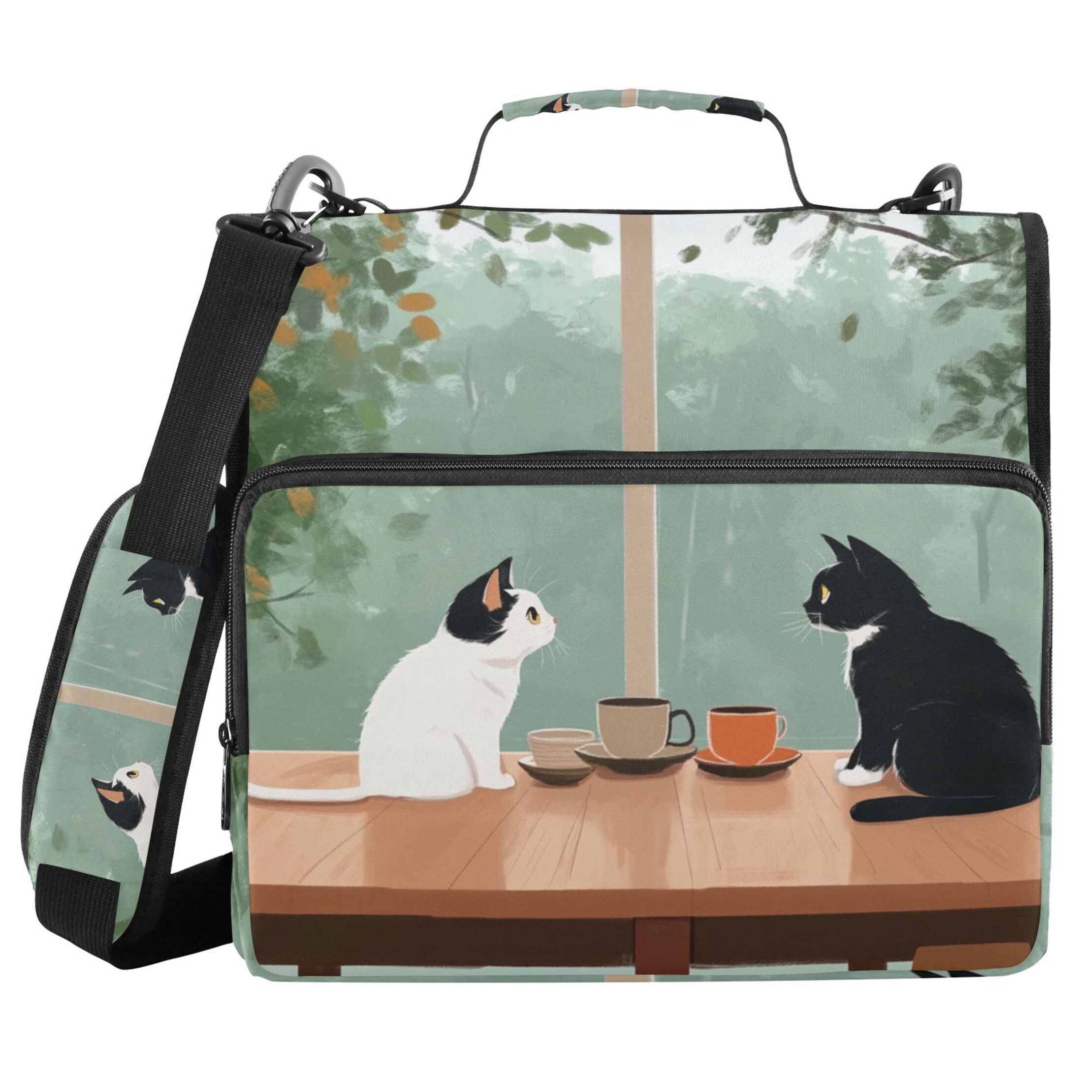 Zipper Binder Coffee Cat 1.5 Inch Binder Folder Bag with Shoulder Strap and Handle