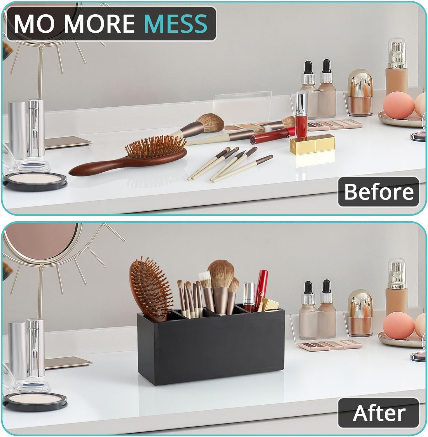 Pencil Pen Holder for Desk, Wooden Office Desk Organizers and Accessories with 4 Slots for Countertop, Makeup Brush Holder Organizer for Bathroom Vanity, Silverware Caddy for Party, Black