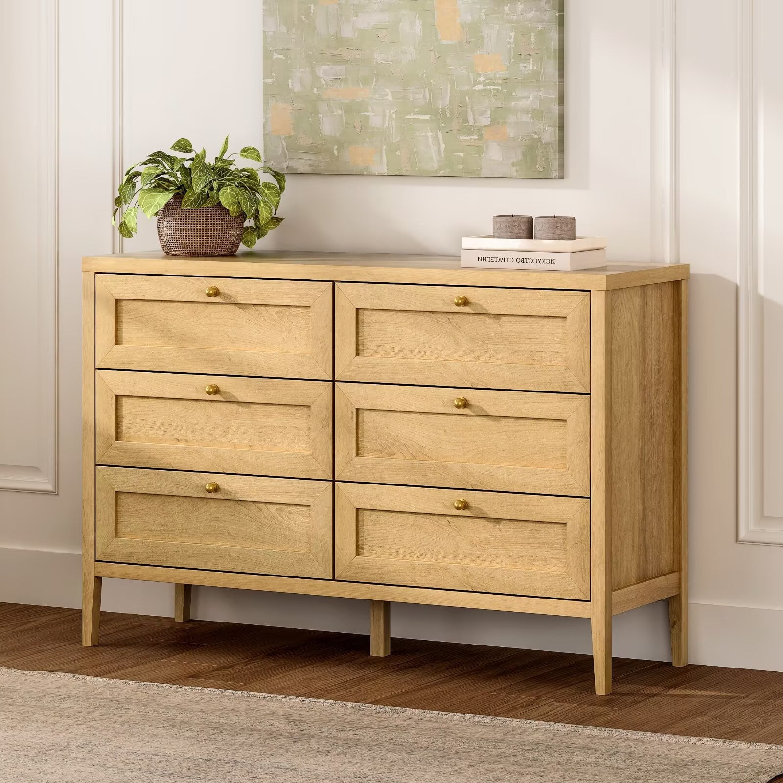 Joyyskill Mid Century Modern 6 Drawer Dresser 47" Wide Chest of Drawers Wooden Storage Dresser Organizer TV Stand, Natural Oak